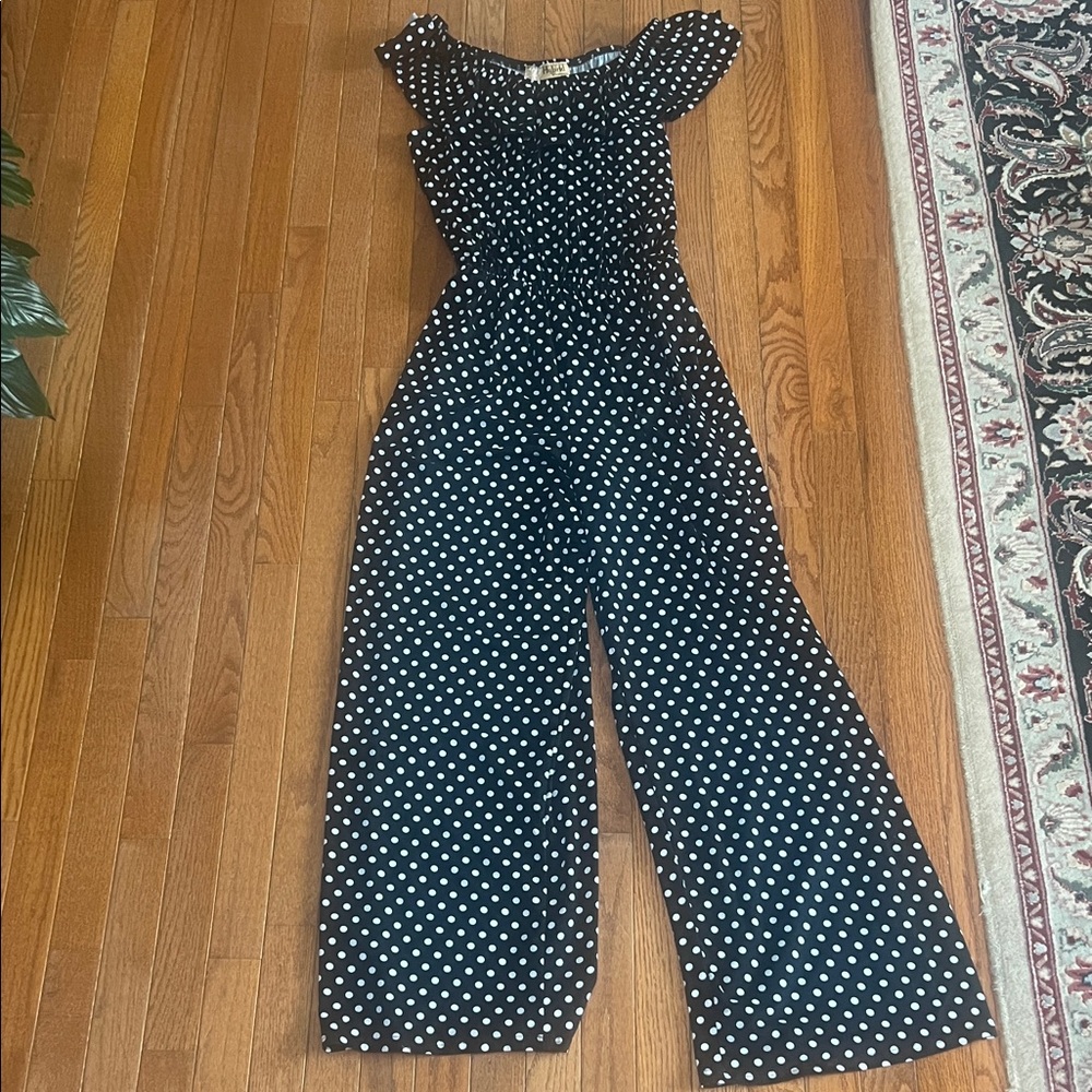 Hybrid & Company Black Jumpsuit with White Polka Dots